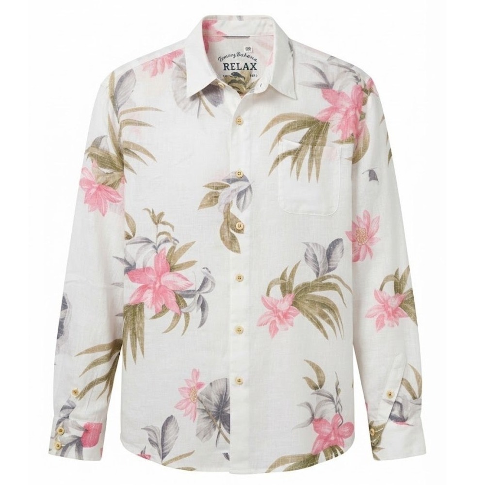 Tommy Bahama Relax Mens XXL 2XL White Pink Floral 100% Linen Long Sleeve Shirt